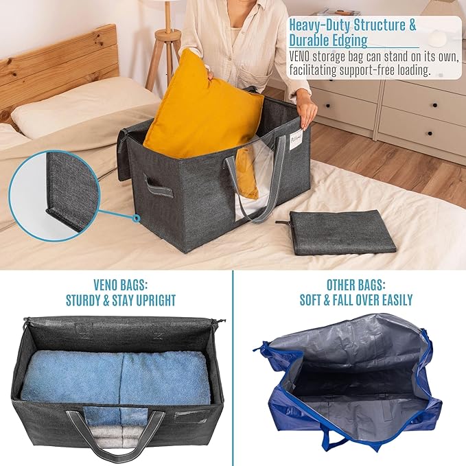 VENO 8 Pack Heavy Duty Moving Bags, Clothes and Comforter Storage Bags with Clear Window, College Dorm Essentials Packing Supplies, Foldable Boxes Alternative (Gray, 8 Pack)