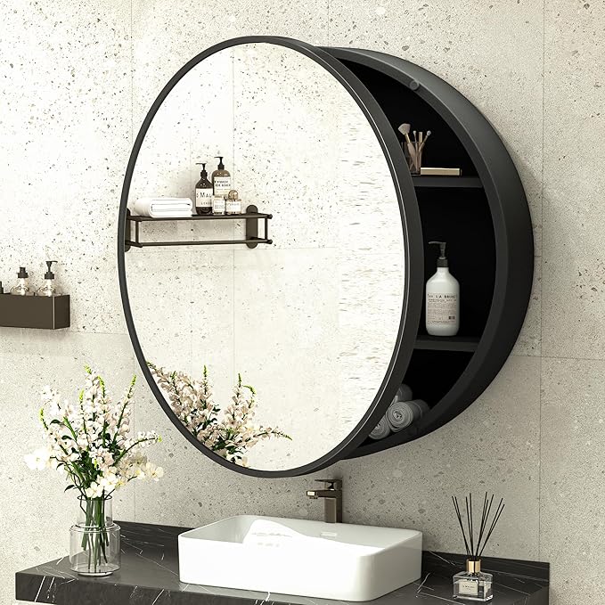 TokeShimi 28 Inch Round Medicine Cabinet for Bathroom with Mirror Surface Mount Only Black Metal Framed Mirrored Bathroom Cabinet Large Modern Farmhouse Circle Wall Mounted Vanity Mirror with Storage