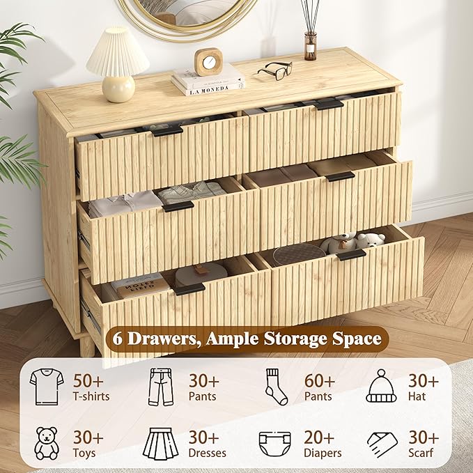 Fluted 6 Drawer Dresser for Bedroom, 47.8" Wide Chest of Drawers with Solid Wood Legs, Wooden Modern Double Dresser TV Stand Organizer for Living Room, Hallway Natural Oak