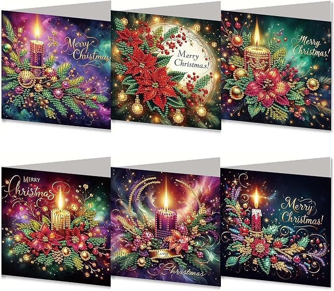 6Pcs Christmas Diamond Art Kits for Adults - DIY 5D Diamond Painting Cards with Envelopes, Sparkling Holiday Candles & Wreath Greeting Cards, Special Shaped Drill Art Crafts