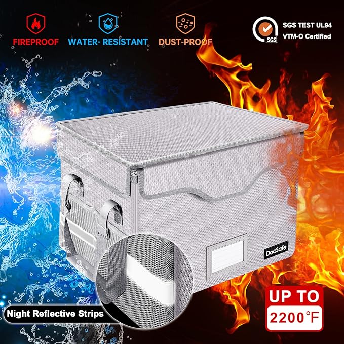 DocSafe Fireproof Document Box with Lock,File Storage Organizer with Zipper Pockets,Collapsible Portable File Box Home Office Safe Filing Cabinet with Handle for Hanging Letter/Legal Folder,Silver