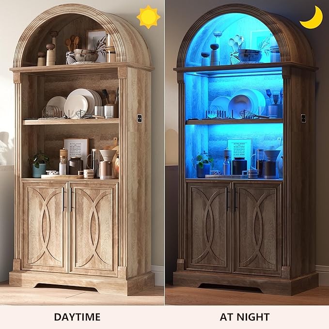 Vlsrka 71" Tall Arched Kitchen Pantry Cabinets, Wood Kitchen Storage Cabinets/Arched Bookshelf/Bookcase,China Cabinet with Open & Adjustable Shelves, Induction LED Light (Brown 2 PCS)