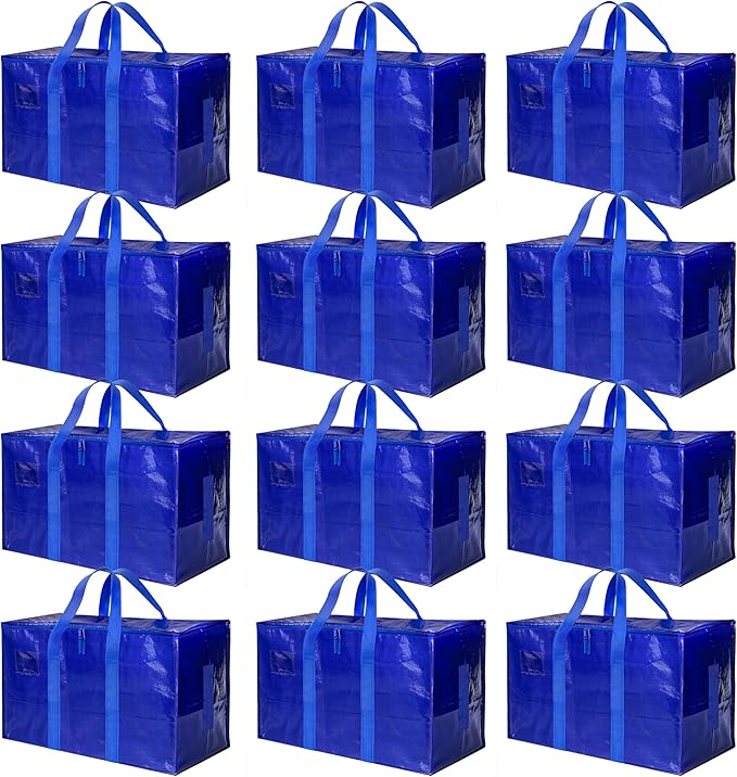 Simple Deluxe 12 Pack Extra Large Moving Bags with Lids, Reinforced Handles and Zippers, Heavy Duty Storage Tote for Moving Travel Camping Space Saving, Blue
