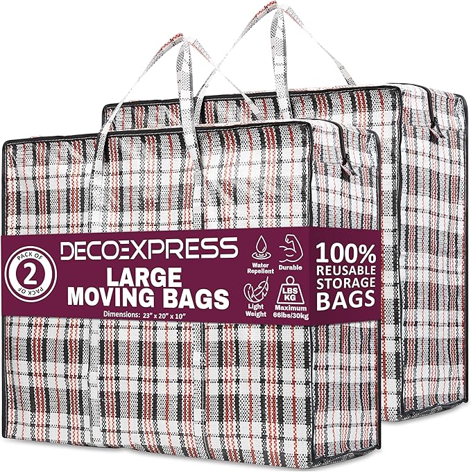 Deco Express Moving Bags with Zipper, Handles, Pack of 2 Large 75L/20 gal Foldable Heavy Duty Home Storage, Clothes Storage, Moving Supplies(Pack of 2)