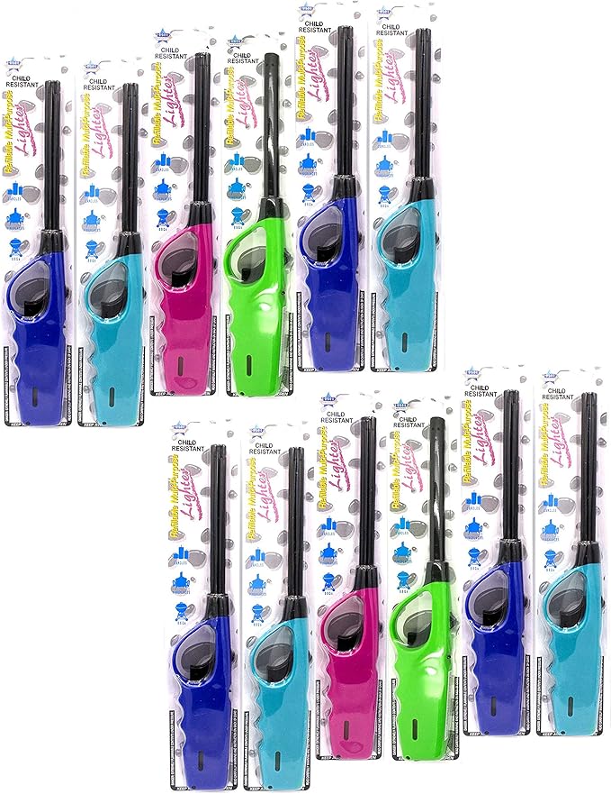 Long Lighters Bulk Pack, Multi Use Butane Refillable Fire Lighters, Ideal for Fireplace Candle BBQ Grill Gas Stove Campfire, Neon Colors, 12 Pack