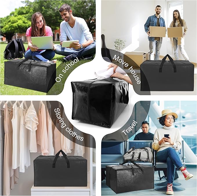 VELVETSURE 12 Pack Heavy Duty Large Moving Bags W/Backpack Straps - Strong Handles & Zippers, Storage Totes, Fold Flat, Alternative to Moving Box and Storage Bin, Semi-Transparent+Blue+Black
