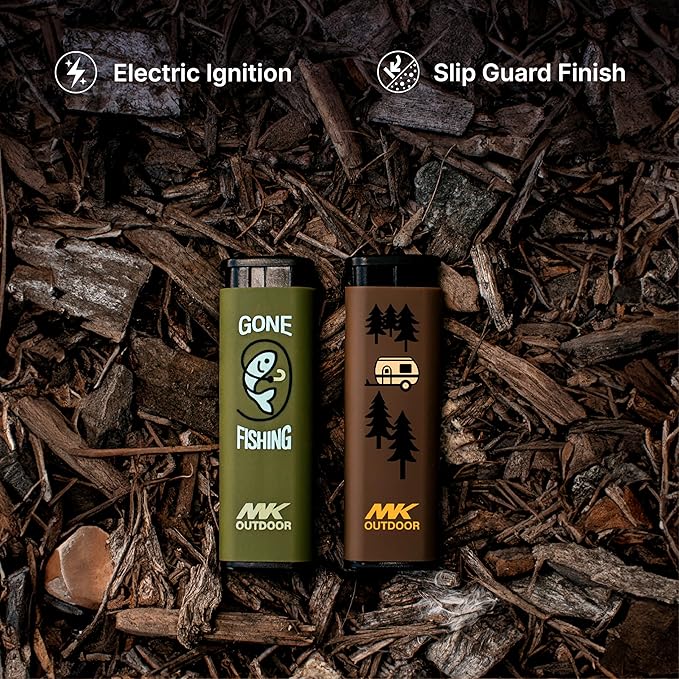 MK Lighter Outdoor Series Alpine Set 5-Pack Assorted Design Multipurpose Refillable, Windproof Flame, Slip Guard Candle & BBQ, Prepping & Camping Supplies, Survival Lighters (Explore)