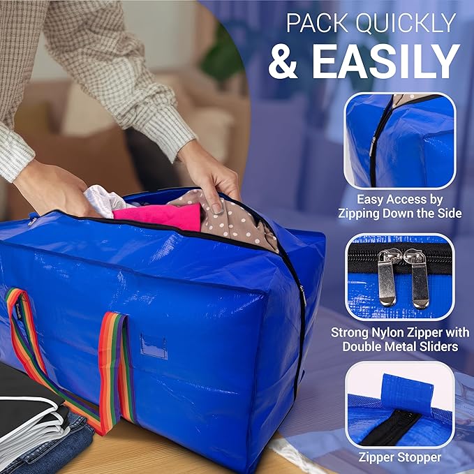 Strong180gsm Extra Large Moving Bags, Premium quality, Zipper Clothing Storage Tote, Three Carrying reinforced Handles, Versatile for Dorm, Packing, Storing, Organizing, Clothes, Blankets, Toys.