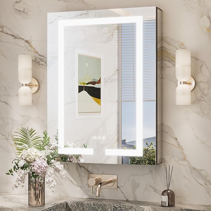 TokeShimi 24x32 Anti-Fog Led Medicine Cabinet Mirrored for Bathroom Surface or Recessed, Medicine Cabinet Mirror with Lights 3 Color Dimmable and Sockets, 2-Side Mirror with Storage UL-Listed Driver