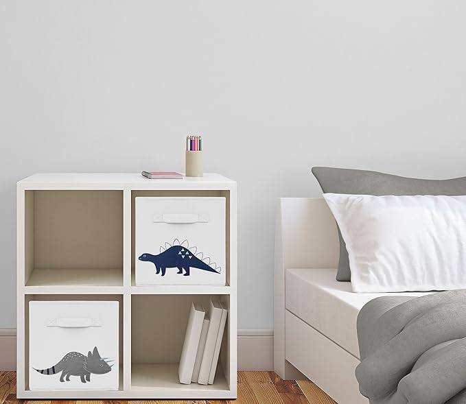 Sweet Jojo Designs Navy Blue and Grey Modern Dino Foldable Fabric Storage Cube Bins Boxes Organizer Toys Kids Baby Childrens for Mod Dinosaur Collection Set of 2