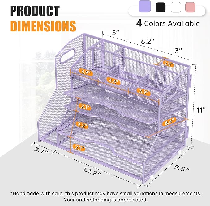 YINGHUA 5 Tier Paper Tray Letter Organizer with Top 6 Adjustable Compartments and File Holder - Paper Sorter Office Desktop Accessories with Handles for Document,Mail,School Supplies Storage,Purple