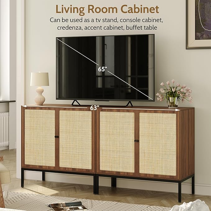 Yechen Set of 2 63" Walnut Sideboard Cabinet with Natural Rattan Doors, Buffet Console & Accent Cabinet, Rattan Credenza Storage with Metal Legs for Living Room, Kitchen, Dining Room