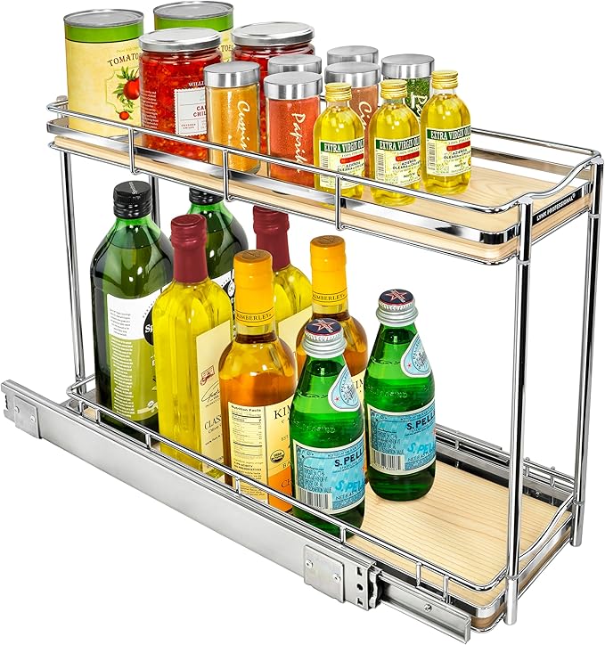 LYNK PROFESSIONAL® Élite™ Pull Out Spice Rack Organizer for Inside Kitchen Cabinets - 6" x 21" - Slide Out Drawer – Wood/Chrome Sliding Spice Organization for cabinet - Spice Racks - 2 Tier