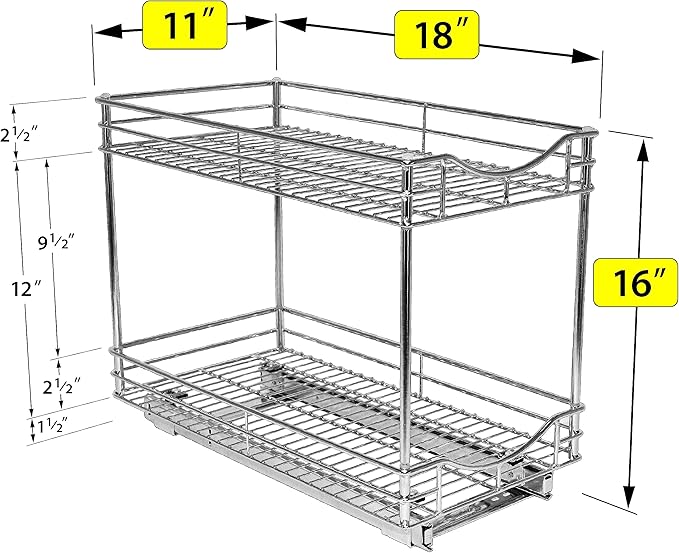 LYNK PROFESSIONAL® Pull Out Cabinet Organizer - 11" x 18" - Slide Out Cabinet Organizer for Kitchens - Sliding Shelves - Pull Out Drawer, Pots and Pans Storage - Lifetime Ltd Warranty - 2 Tier