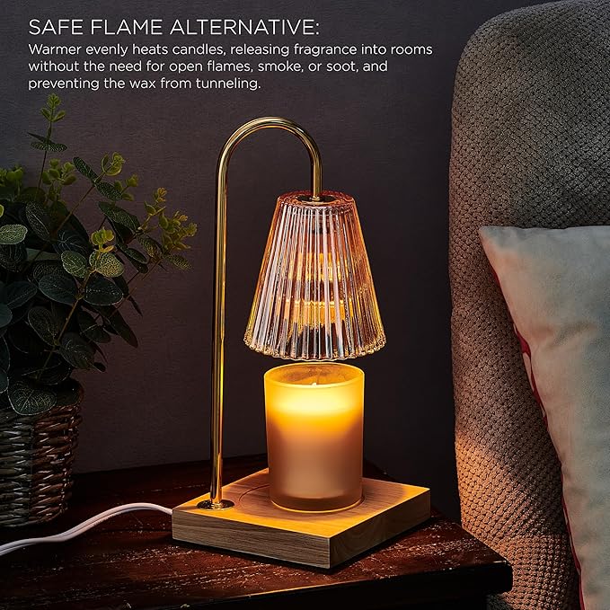 Mikasa Electric Candle Warmer with Amber Glass Shade - 13.8 Inch Lamp Warmer with Wooden Base, 50 Watt Halogen Bulb Included, Dimmer Switch, Safe Flameless Fragrance for Home Décor