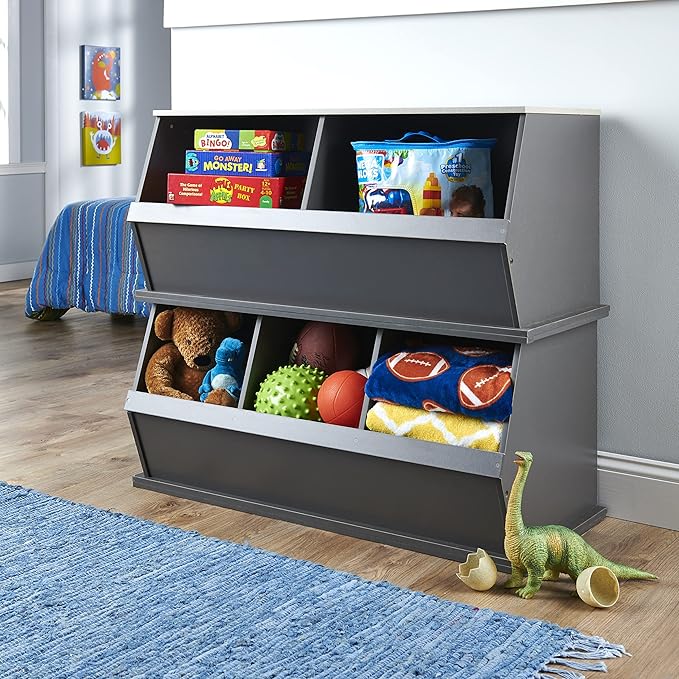 Badger Basket 3-Bin Stackable Toy Storage Organizer and Cubby for Kids – Durable Plastic Bins, Easy Access Storage for Toys, Books, and Kids’ Room – Charcoal Gray