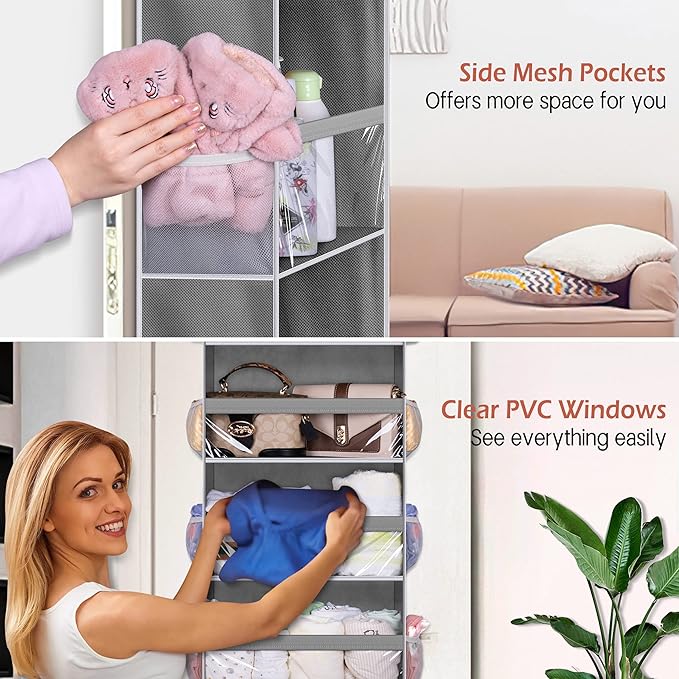 MISSLO Over the Door Storage Organizer with 4 Large Pockets 8 Side Pockets Baby Hanging Closet Door Organizer Heavy Duty Pantry Organizer for Bathroom, Bedroom, Nursery, RV, Camper