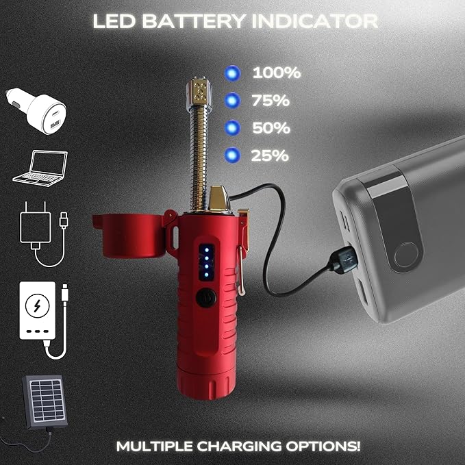TrueLightEssentials Electric Rechargeable Plasma Lighter - Waterproof USB Arc Lighters with Flashlight LED Battery Indicator and Flexible Neck for Candle Survival Camping Emergency (Red, Long)