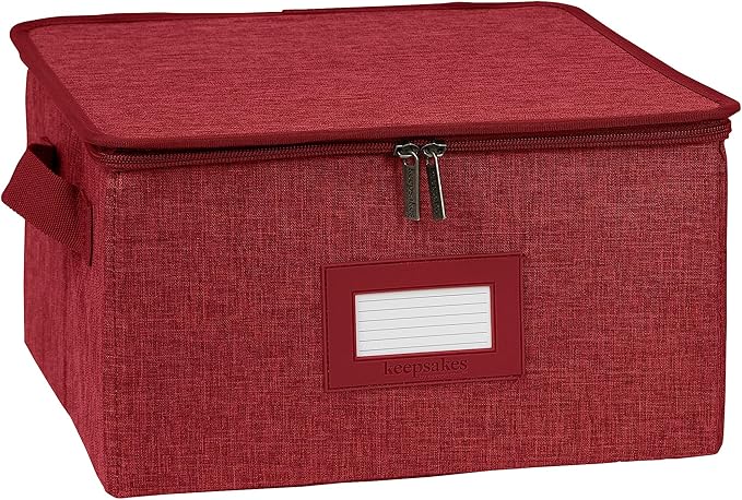 Covermates Dish Storage Box – China & Dinner Plate Storage Container with Dual Zippers, Reinforced Handles, ID Window & Stackable Structured Walls for Dishware Organization, Red Heather