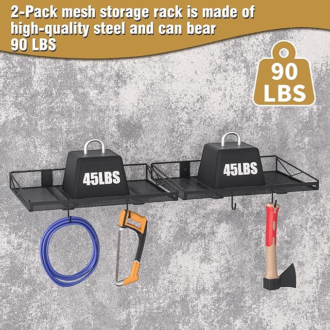 2 Pack Garage Wall Shelf, Garage Wall Mounted Shelving, Heavy Duty Floating Shelves With 4 Hooks, Loads 90 LBS Black Wall Shelves Mesh Storage Rack for Office, Basement, Wall Cabinet and Kitchen