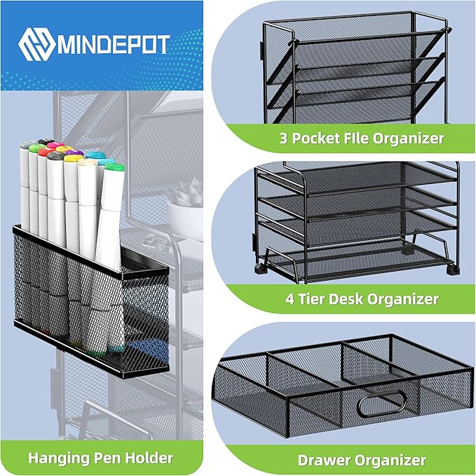 MINDEPOT 4-Tier Paper Organizer + 3-Pocket File Holder + Drawer + Pen Holders, Desktop File Organizers Paper Tray for Office Accessories School Classroom Organization (Black)