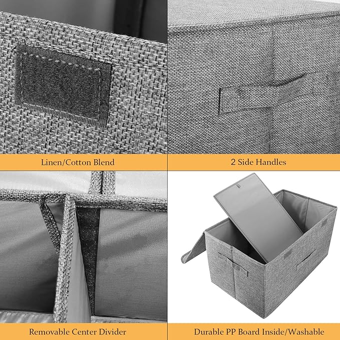 2 Pack Large Storage Boxes with Lids and Handles, Collapsible Linen Storage Bins Organizer Containers Baskets Cube with Removable Divider for Home Bedroom Closet Office (Coffee, Large)