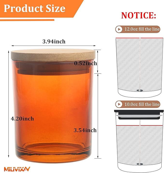 MILIVIXAY 12Pack 12 OZ Amber Thick Glass Candle Jars with Lids - Bulk Empty Candle Jar for Making Candles - Spice, Powder Containers.