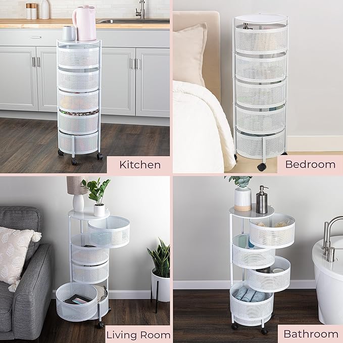 Home-Complete Kitchen Storage Rolling Cart with Wheels - 5 Tier Rotating Fruit and Vegetable Baskets for Kitchen Organization and Storage - Metal Cart for Pantry, Bathroom, or Craft Room (White)