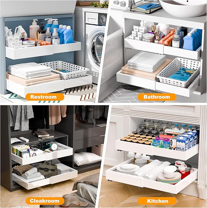 Kiseely 2 Pack Pull Out Cabinet Organizer Expandable, Adjustable Width 12.6"-20.6", Slide Out Drawers and Roll out Drawer for Pots and Pans, Adhesive No Drill Screw (White ND1)