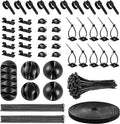Cable Management Organizer Kit 2 Cable Sleeve Split with 41Self Adhesive Cable Clips Holder, 10pcs and 2 Roll Self Adhesive tie and 100 Fastening Cable Ties for TV Office Home Electronics etc