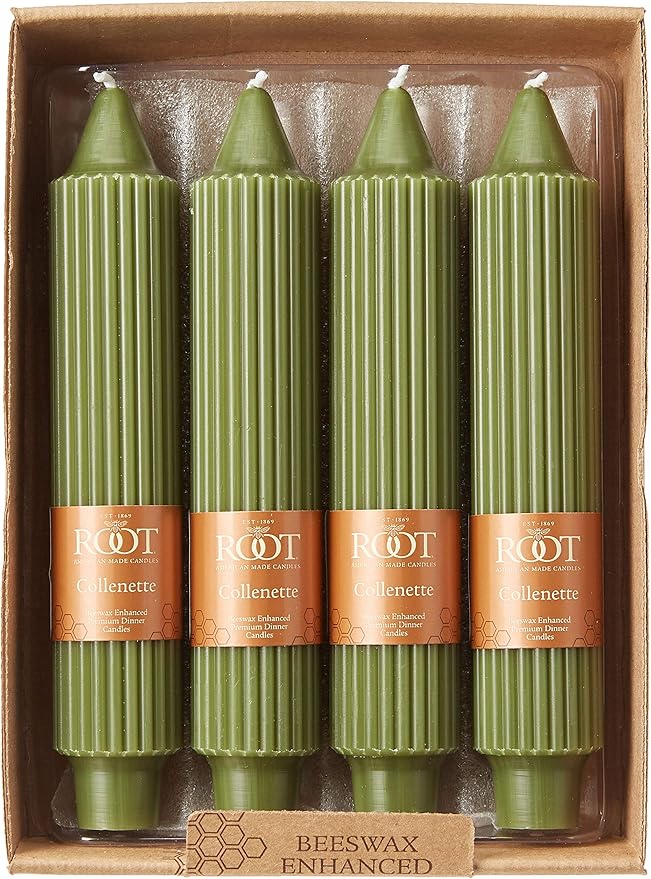 Root Candles 4-Count Unscented Dinner Candles Dripless Beeswax Enhanced Grecian Collenette Boxed Candle Set, 7-Inch, Dark Olive