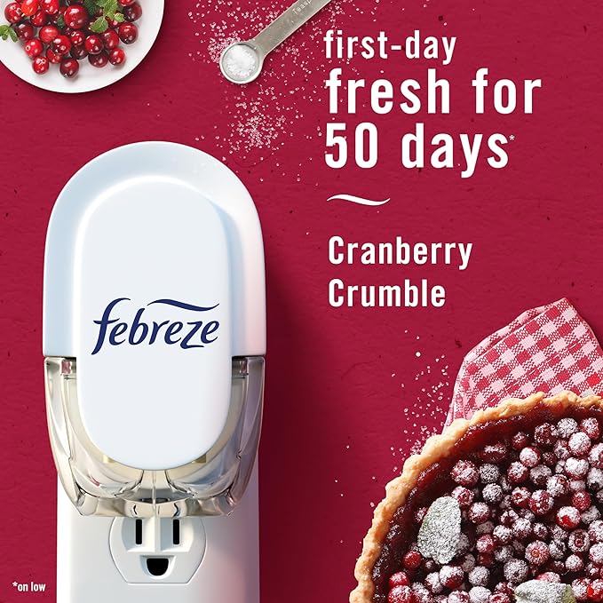 Febreze Plug-In Air Freshener, Odor-Fighting Scented Oil Refill for Home, Bathroom & Kitchen, Holiday Cranberry Crumble Scent, 0.87 oz Refills, 4 Count