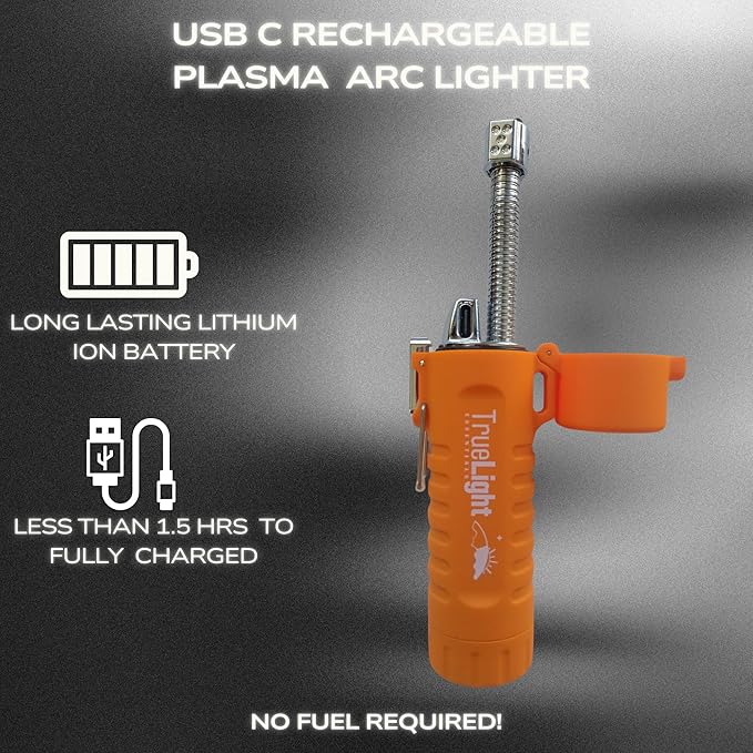 TrueLightEssentials Electric Rechargeable Plasma Lighter - Waterproof USB Arc Lighters with Flashlight LED Battery Indicator and Flexible Neck for Candle Survival Camping Emergency (Orange, Long)