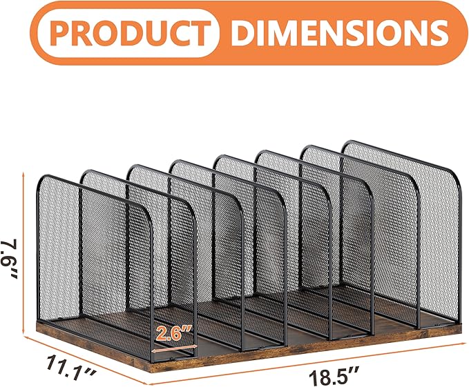 Piskyet Wooden Desk File Organizer, 7-Section Vertical File Folder Holder Stand,Metal Mail Paper Chromebook Organizer for Teacher Desk Office Classroom Desktop Organization