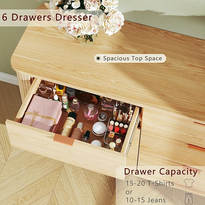 Fluted 6 Drawers Dresser for Bedroom, Mid Century Modern Chests of Drawers, Curved Profile Design, Wide Wood Storage Dresser for Entryway, Hallway, Oak