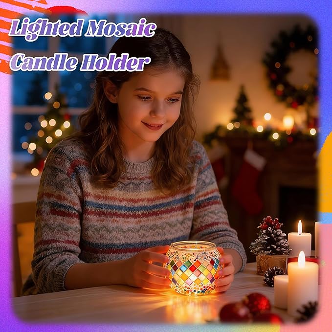 Joyclub DIY Mosaic Candle Holder Kit Mosaic Kits for Adults Stained Glass Tealight Candle Holder for Home Lighting Decor Girls Birthday Craft Gifts