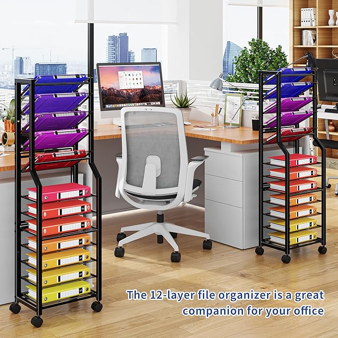Simple Trending 12 Tier Rolling File Cart,Desk File Organizer with Sliding Trays and Wetal Mesh Paper Letter Storage Multi Functional Rolling Clutter Cart for Office, Home, School, Black