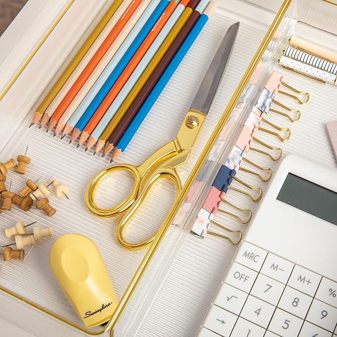 Martha Stewart Kerry Plastic Stackable Office Desk Drawer Organizers, 12" x 6", 3 Pack, with Gold Trim