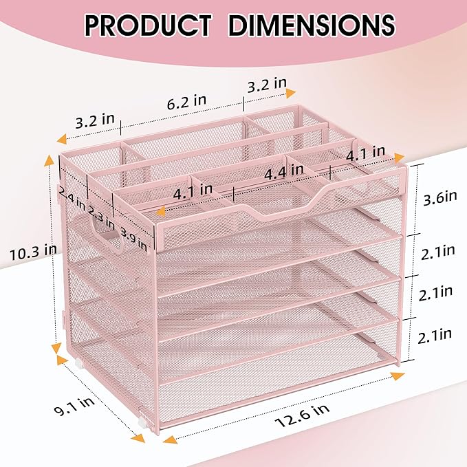 5 Tier Paper Letter Tray with 3 Drop-in Pen Holders, Mesh Desk File Organizer with Handle, Desk Organizers and Accessories for School,Home, Office Supplies Storage-Pink