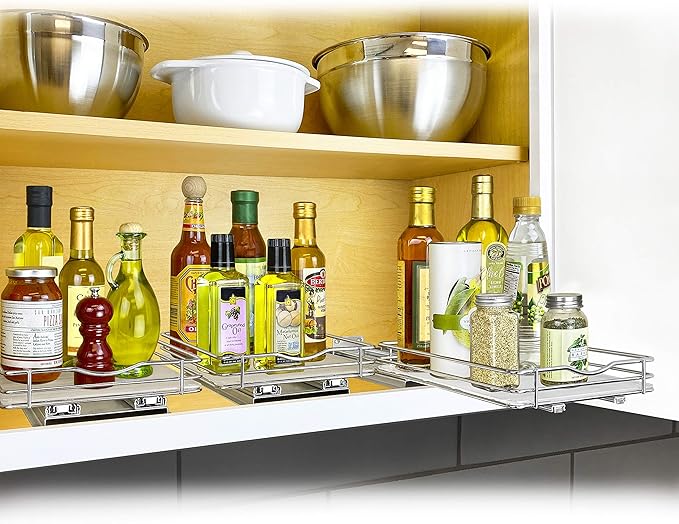 LYNK PROFESSIONAL® Pull Out Spice Rack Organizer for Inside Kitchen Cabinets - 8-3/8 inch Wide - Slide Out Drawer – Chrome Sliding Spice Organization for cabinet - Spice Racks - 1 Tier