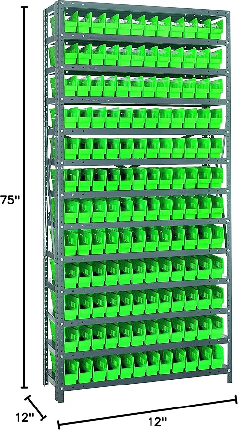Quantum Storage Systems 1275-100GN Solid Heavy Duty 13 Shelves 144 Economy Green Bins 75" H x 36" W x 12" D