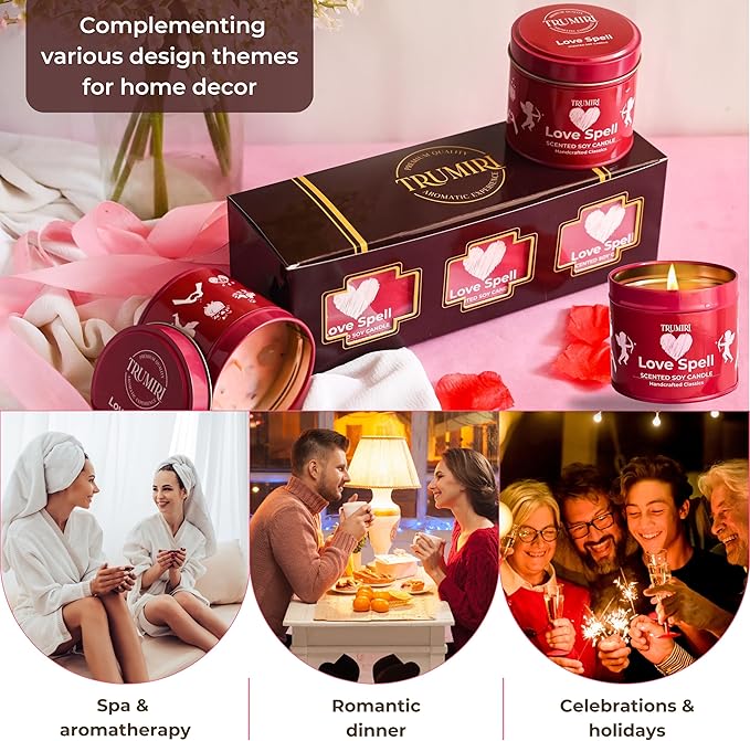 Love Spell - Scented Candles for Women & Men with Rose Petals and Crystals - Pack of 3 x 5oz Soy Clean Organic Non Toxic - Velas Aromáticas - Aromatherapy Spa Valentines Gift Candel