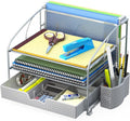 Simple Houseware 3-Tier Desk Organizer with Sliding Drawer, Hanging File Holder and Pen Holder Accessory, Silver