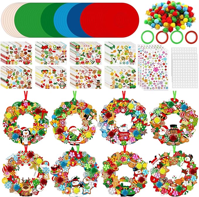 Hollowfly 48 Sets Christmas Wreath Craft Kits for DIY Santa Claus Wreath Hanging Ornaments Make Your Own Paper Xmas Craft with Stickers for Christmas Party Favors School Classroom Activities