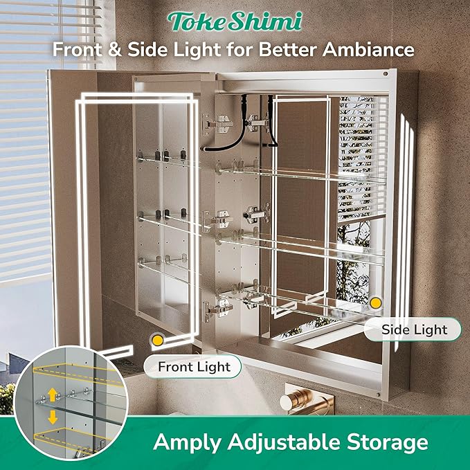TokeShimi 40x32 Inch LED Medicine Cabinet with Lighted Mirror, 3 Color Stepless Dimming Bathroom Cabinet with Defogger Tempered, CRI 80+, Anti-Fog, Memory Funtion, Wall Lit Mirror with Storage