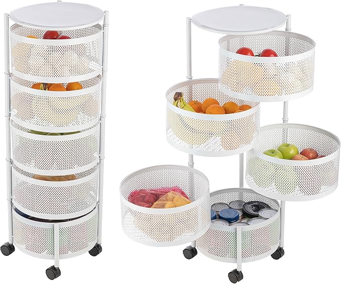Home-Complete Kitchen Storage Rolling Cart with Wheels - 5 Tier Rotating Fruit and Vegetable Baskets for Kitchen Organization and Storage - Metal Cart for Pantry, Bathroom, or Craft Room (White)