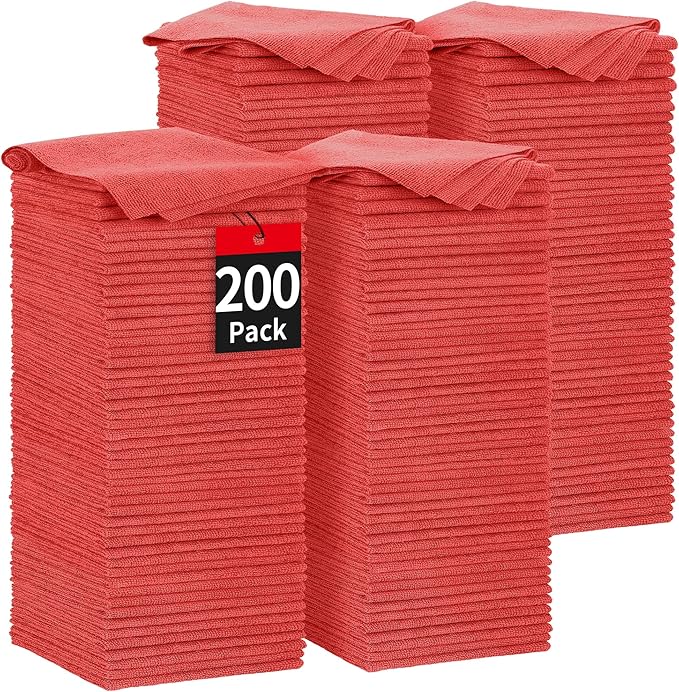 HOMERHYME Microfiber Cleaning Cloth, 200 Pack Red Cleaning Rags Microfiber Towel Bulk Absorbent Lint-Free Wash Cloths, All-Purpose Towels for Cars, Shop, Automotive, Garage, Home & Kitchen