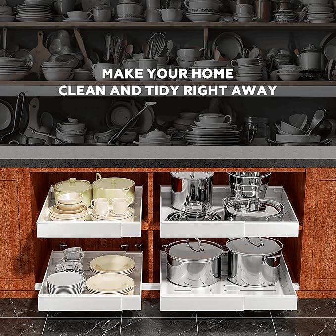 4 Pack Pull Out Cabinet Organizer for Pots and Pans, Upgraded 3-Slide Rail System with Adhesive Pads, Expandable Width (15.2"-26.2") Fits 21" Deep Framed/Frameless Cabinets, White Slide-Out Shelves