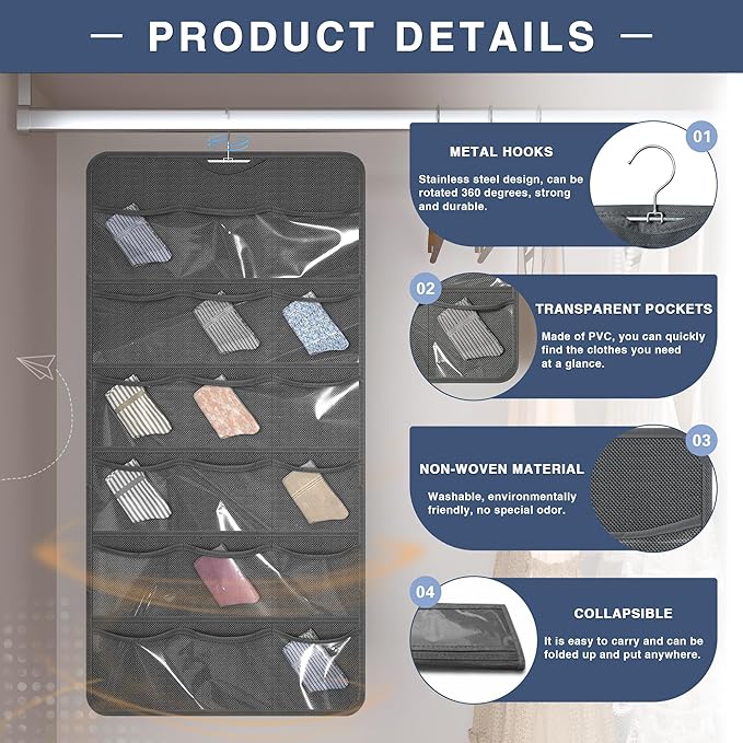 Hanging Closet Underwear Organizer, 28-Pockets Dual-Sided Storage for Socks, Bras, and Leggings Lingerie and Kids’ Clothing, Dark Gray