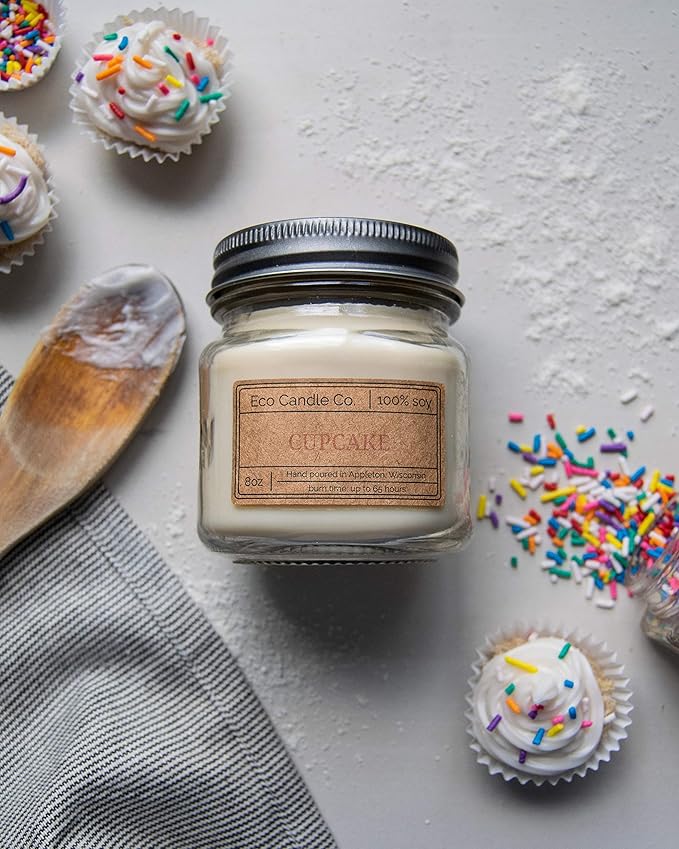 Eco Candle Co. Mason Jar Candle, Cupcake, 8 oz. - Scents of Yellow Cake & Icing - 100% Soy Wax, No Lead, Kraft Label & Antiqued Pewter Lid, Hand Poured, Made from Midwest Grown Soybeans